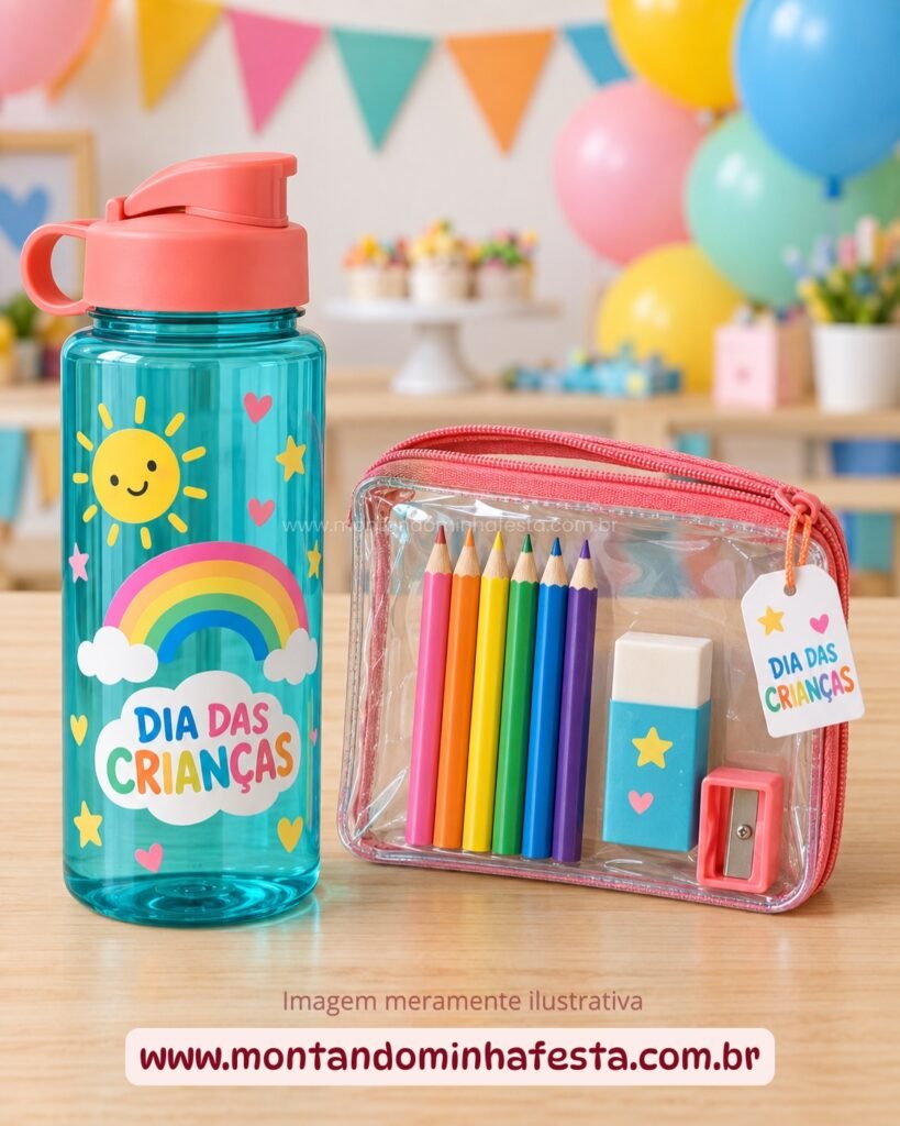 Garrafinha personalizada e estojo com lápis, borracha e apontador como lembrancinhas para o Dia das Crianças.