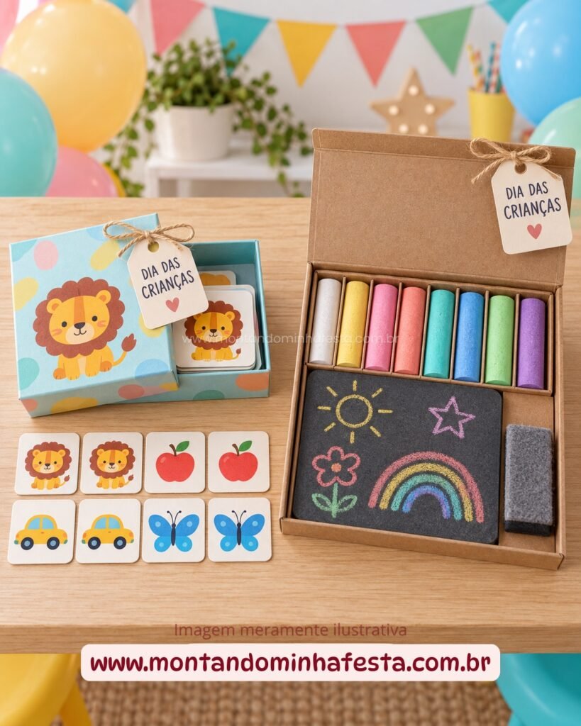 Jogo da memória com animais, frutas e brinquedos e kit de giz colorido como lembrancinhas para o Dia das Crianças.