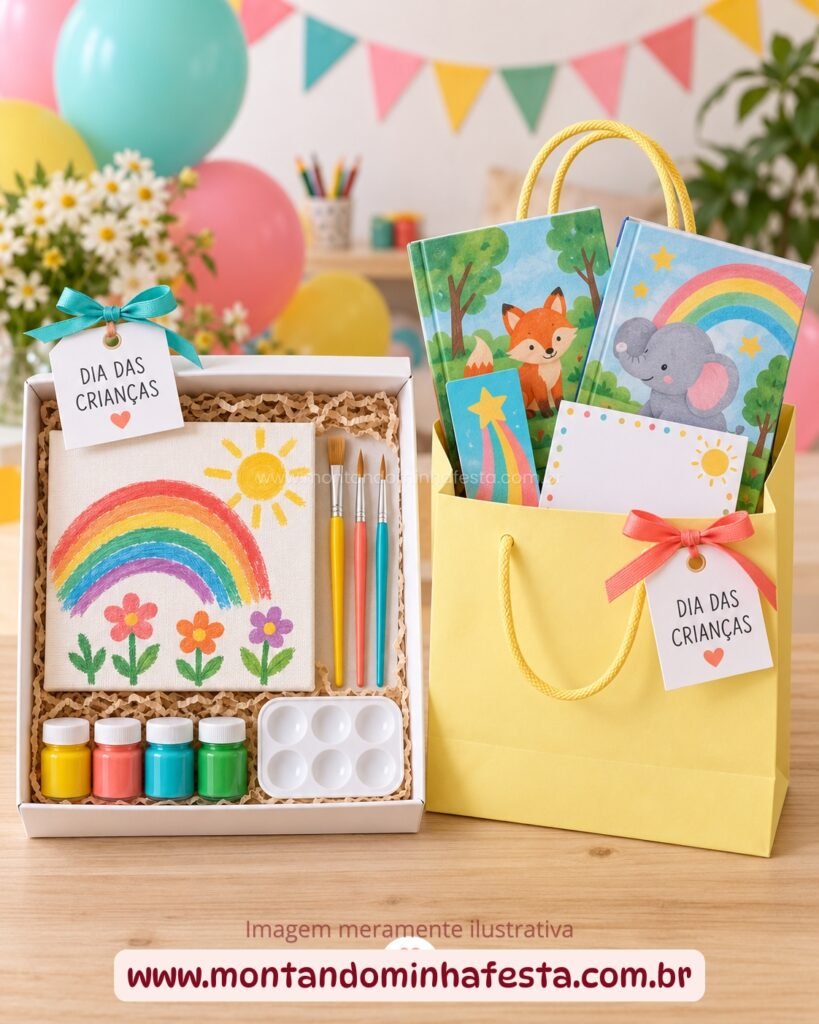 Kit de pintura e sacolinha com livros infantis como lembrancinhas para o Dia das Crianças