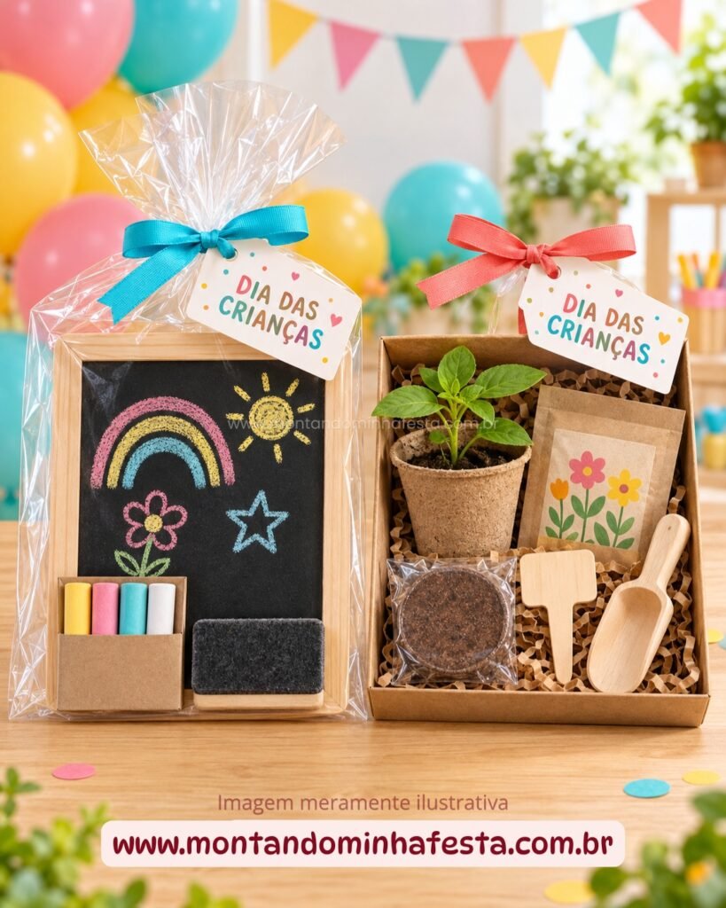 Mini lousa reutilizável e kit infantil para plantar como lembrancinhas para o Dia das Crianças.