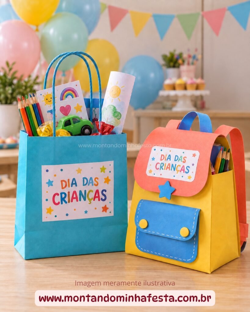 Sacolinha com surpresas e mochilinha de papel como lembrancinhas para o Dia das Crianças.