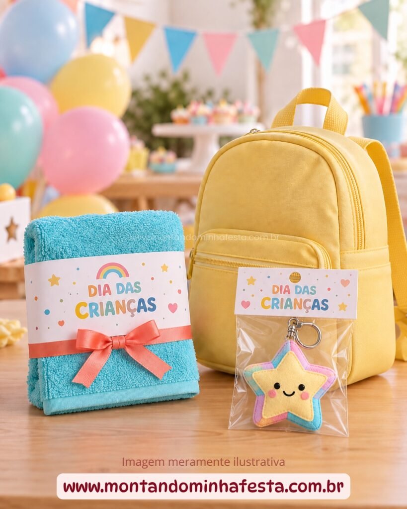 Toalhinha com embalagem personalizada e chaveiro infantil embalado com tag para o Dia das Crianças.