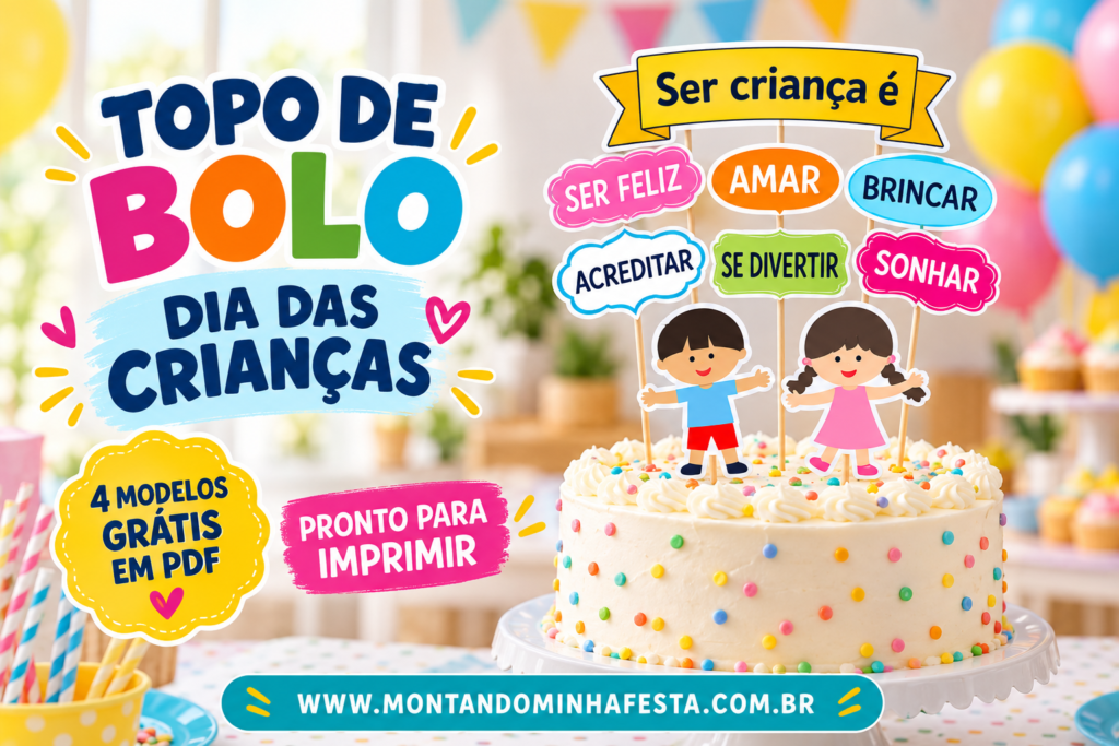 Topo de bolo Dia das Crianças para imprimir grátis com crianças e plaquinhas coloridas aplicado em bolo decorado