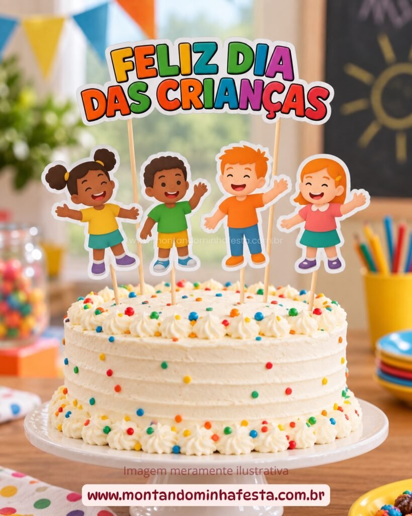 Topo de bolo Feliz Dia das Crianças com quatro crianças ilustradas aplicado em bolo decorado.