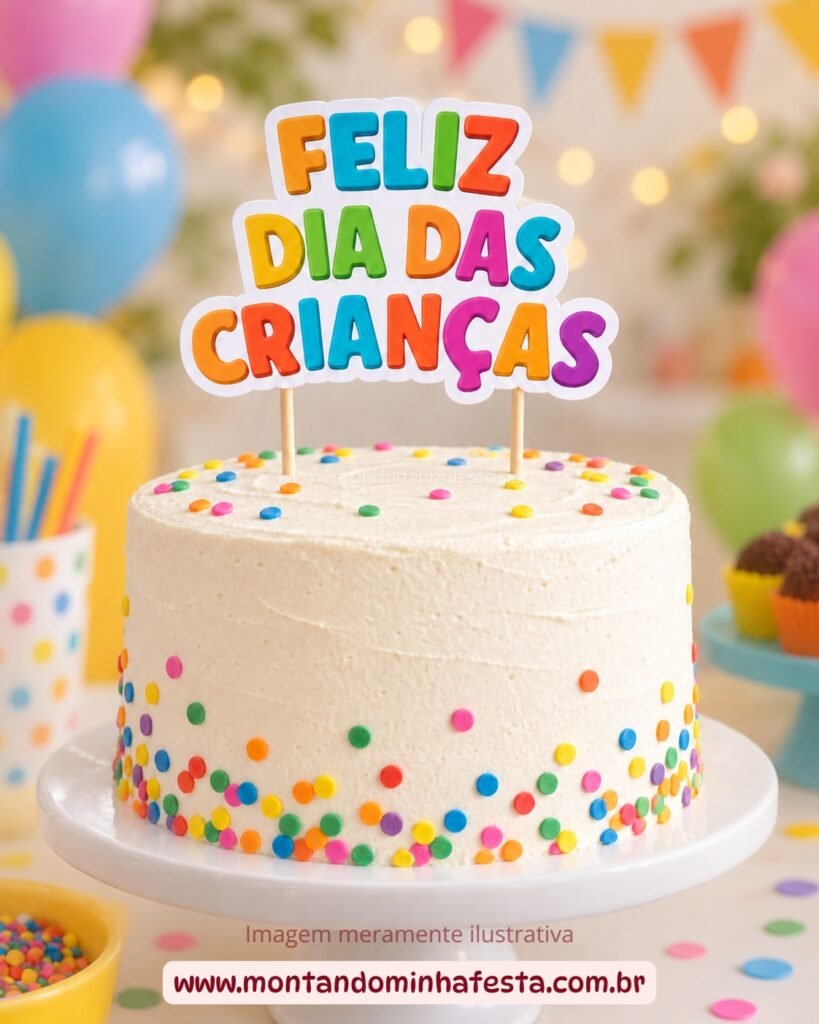 Topo de bolo Feliz Dia das Crianças com letras coloridas aplicado em bolo branco decorado.