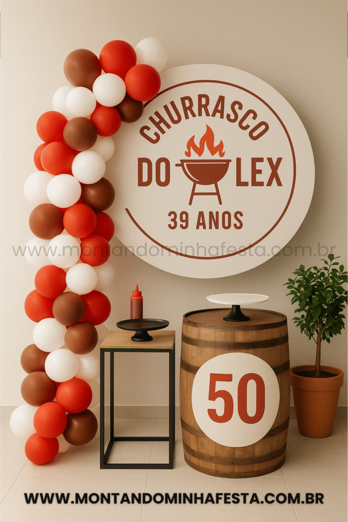Festa masculina de 39 anos com o tema Churrasco do Alex, decoração clara com painel branco, balões vermelhos, brancos e marrons, e barril rústico decorado.