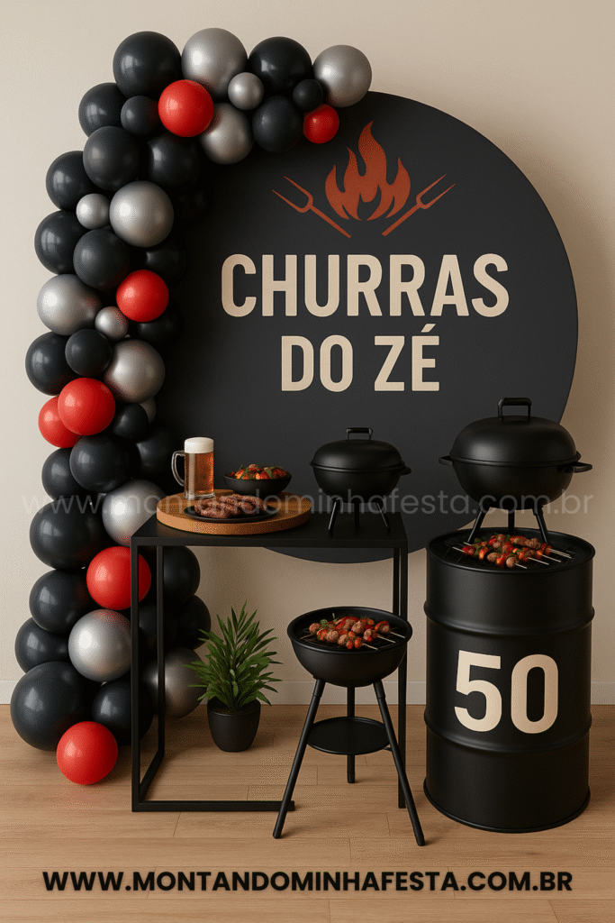Decoração de festa masculina com o tema Churrasco do Zé, painel preto com balões vermelhos, pretos e prata, churrasqueiras decorativas e barril com número 50.