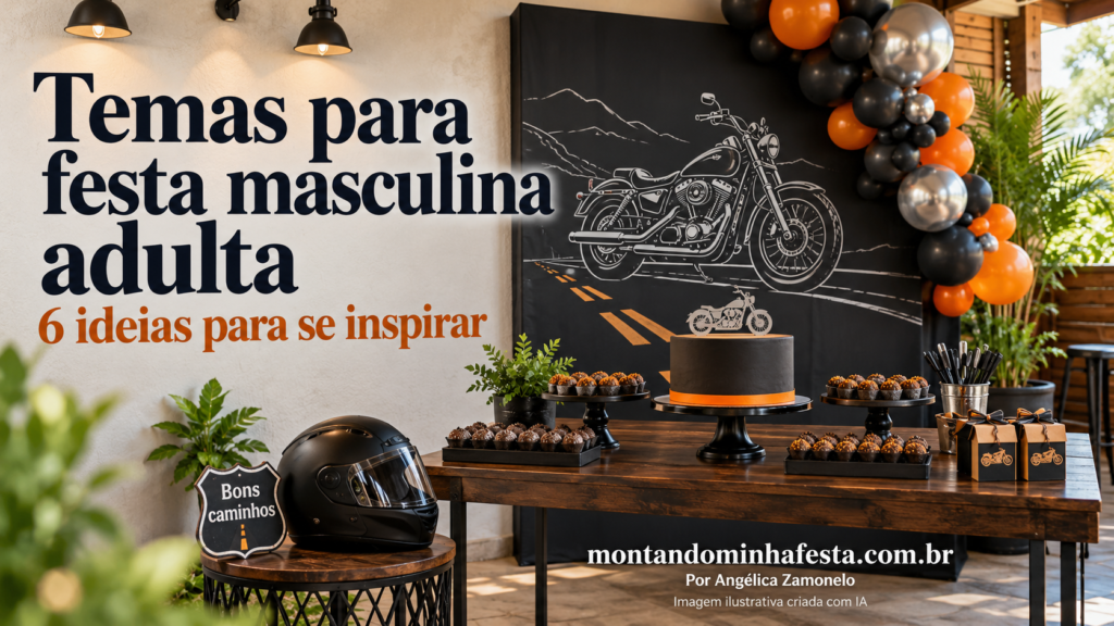 Banner “Temas para festa masculina adulta: 6 ideias para se inspirar”, com decoração de moto em preto, laranja e prata, bolo, capacete e lembrancinhas.