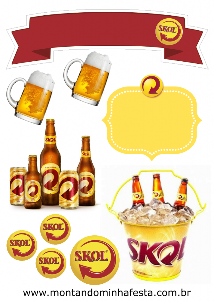Topo de bolo Skol com balde de cerveja, faixas, canecas e moldura amarela para personalizar. Ideal para festa com tema boteco