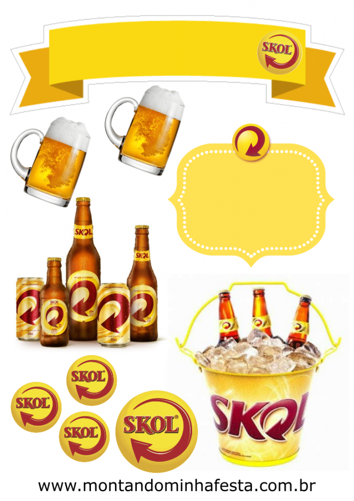 Topo de bolo Skol com faixa amarela, canecas de cerveja, moldura para nome e balde com garrafas para festa boteco