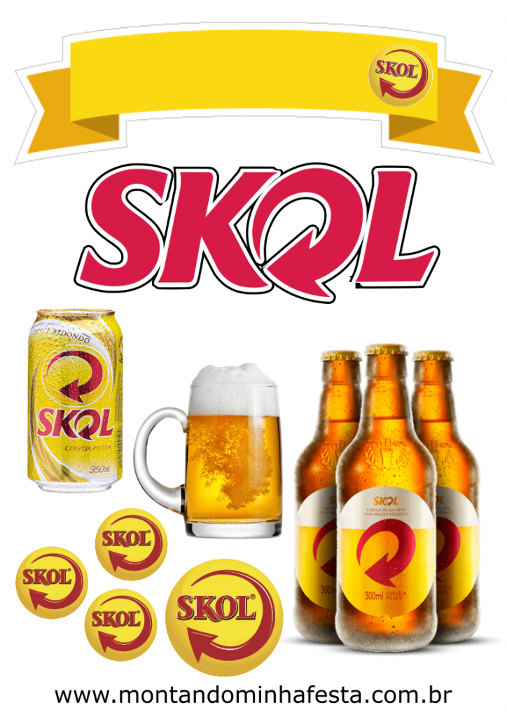 Topo de bolo Skol com faixa amarela, logotipo central e elementos como latinha, caneca e garrafas de cerveja para festa temática boteco