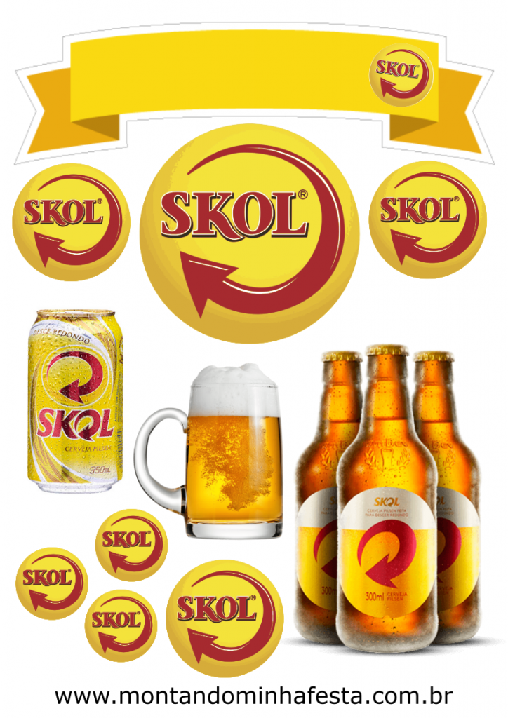 Topo de bolo com latinhas e garrafas da Skol para festa boteco, com elementos decorativos prontos para imprimir em casa