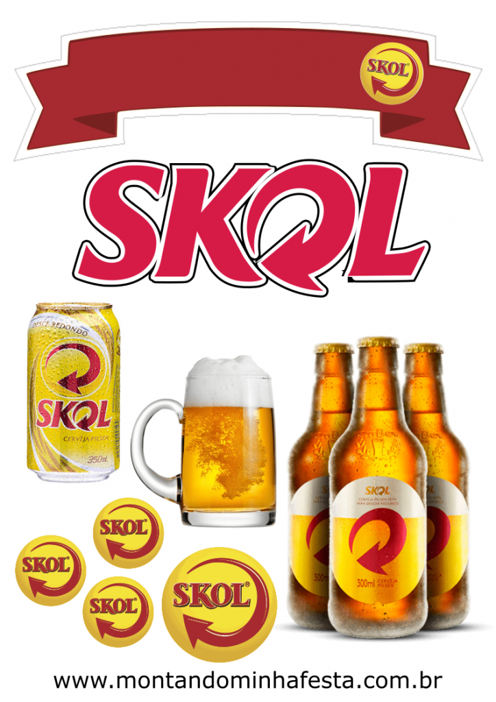 Topo de bolo com logotipo Skol, faixa vermelha e elementos como latinha, garrafa e caneca de cerveja para festa tema boteco
