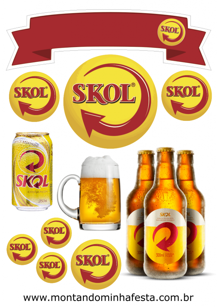 Topo de bolo Skol com faixa vermelha, garrafas, lata e caneca de cerveja para decorar festa boteco. Arquivo pronto para imprimir