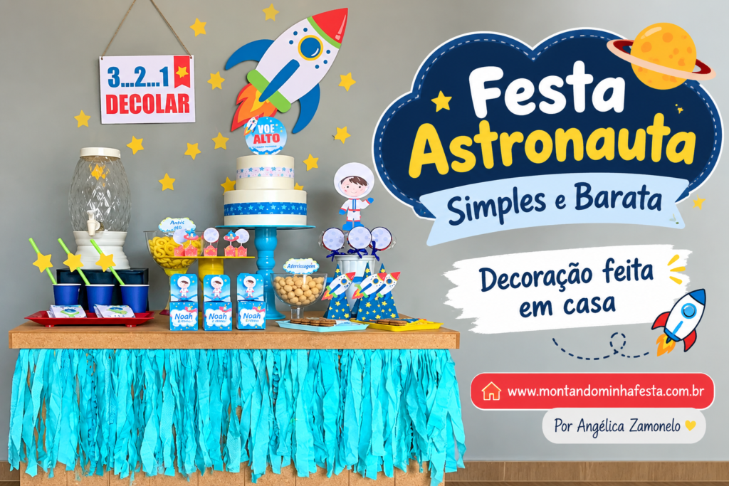 Festa Astronauta simples e barata com decoração feita em casa, mesa com saia de papel azul, bolo temático, foguete na parede, estrelas e lembrancinhas personalizadas para aniversário infantil.