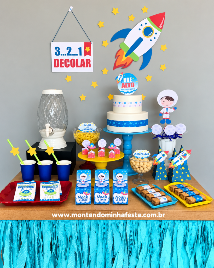 Decoração de festa Astronauta simples e feita em casa, com mesa de aniversário infantil, bolo temático, foguete na parede, estrelas amarelas, lembrancinhas personalizadas e saia de papel azul.