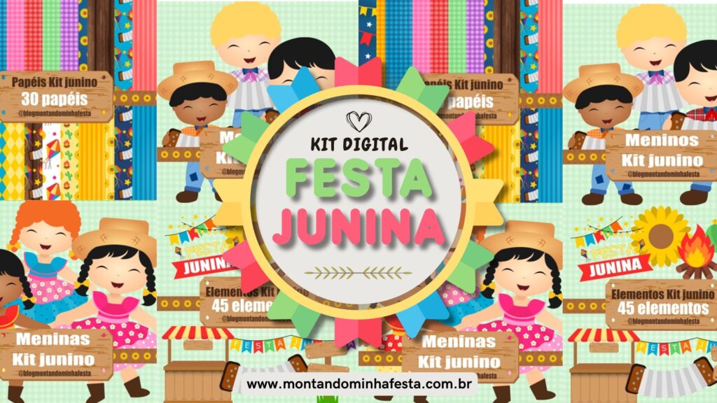 kit digital com imagens em png e papéis de fundo para festa junina – ilustrações de meninos e meninas caipiras, fogueira, bandeirinhas e elementos decorativos coloridos para personalizar festas