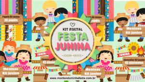 kit digital com imagens em png e papéis de fundo para festa junina – ilustrações de meninos e meninas caipiras, fogueira, bandeirinhas e elementos decorativos coloridos para personalizar festas