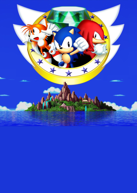 Convite digital do Sonic clássico com Tails e Knuckles, fundo azul com ilha ao fundo, modelo personalizável para festa infantil tema videogame gratuito para imprimir ou enviar por WhatsApp