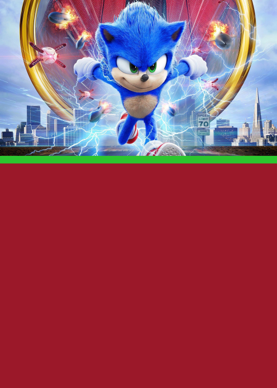 Convite editável do Sonic inspirado no filme, com fundo vermelho e espaço para personalização, ideal para festa infantil com tema de super-herói ou videogame