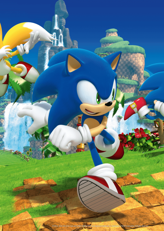 Convite do Sonic com Tails em cenário de aventura, ideal para festa infantil com tema de videogame, com fundo verde e cachoeiras ao fundo
