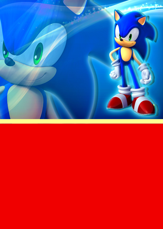 Convite do Sonic com fundo azul e área vermelha editável, ideal para festa infantil com tema de videogame, pronto para personalizar com nome, data e local