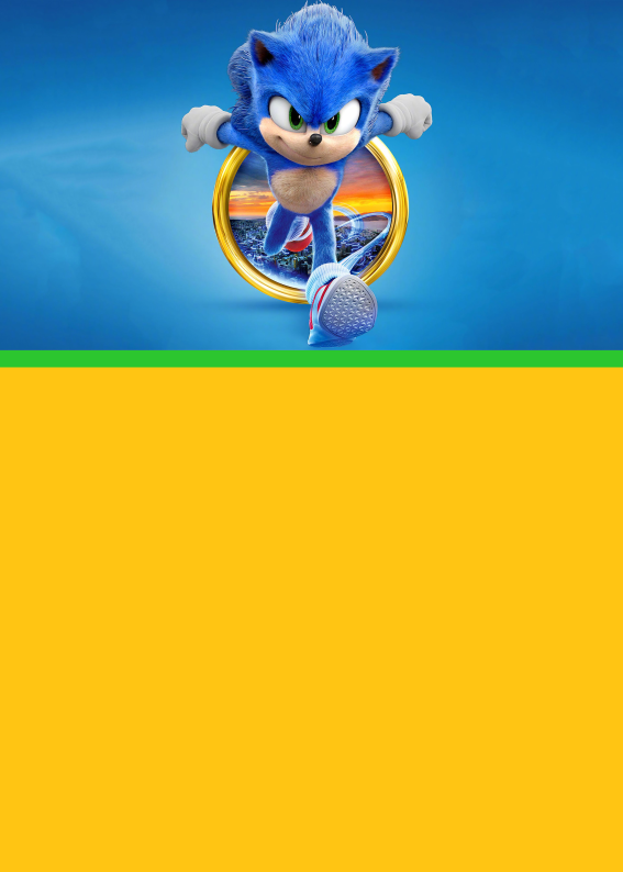 Convite do Sonic estilo filme com fundo azul e espaço amarelo para edição, ideal para festa infantil com tema de aventura e videogame, pronto para imprimir ou enviar digitalmente
