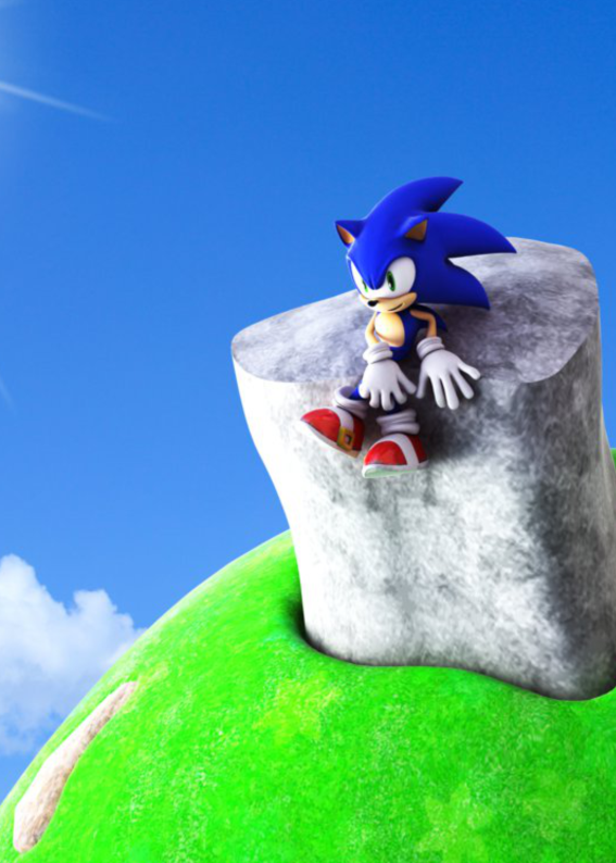 Imagem do Sonic sentado em uma pedra com céu azul e colina verde ao fundo, ideal para convite temático de festa infantil com estilo aventureiro