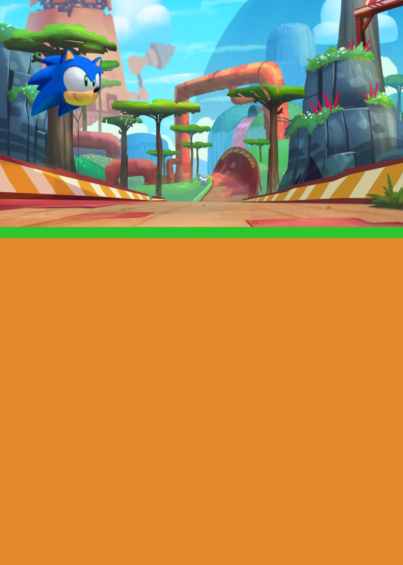 Convite do Sonic em cenário de corrida animado com fundo laranja editável, ideal para festa infantil com tema videogame ou velocidade, para imprimir ou envio digital