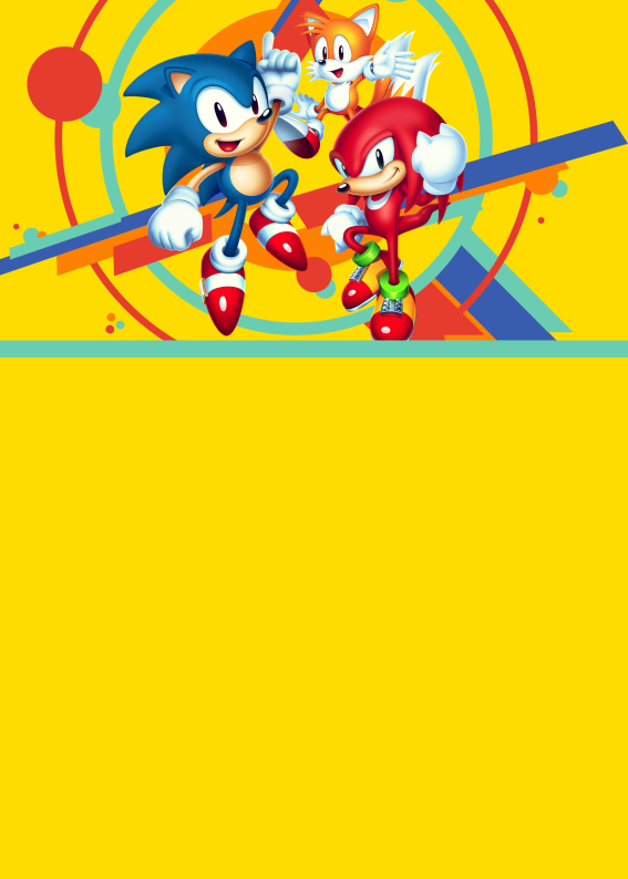 Convite do Sonic com Tails e Knuckles, fundo amarelo editável, ideal para personalizar com nome, data e local da festa infantil com tema de videogame