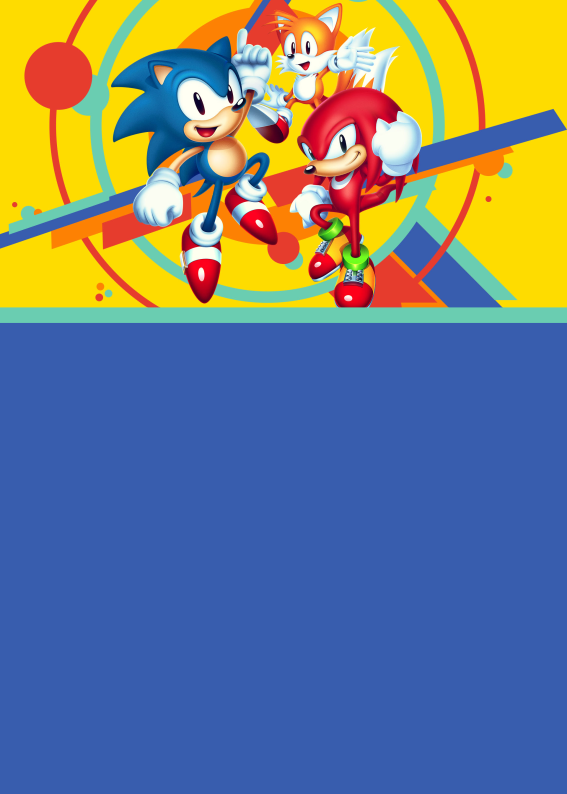 Convite do Sonic com Tails e Knuckles, arte colorida no topo e espaço azul editável para personalizar com informações da festa infantil tema videogame