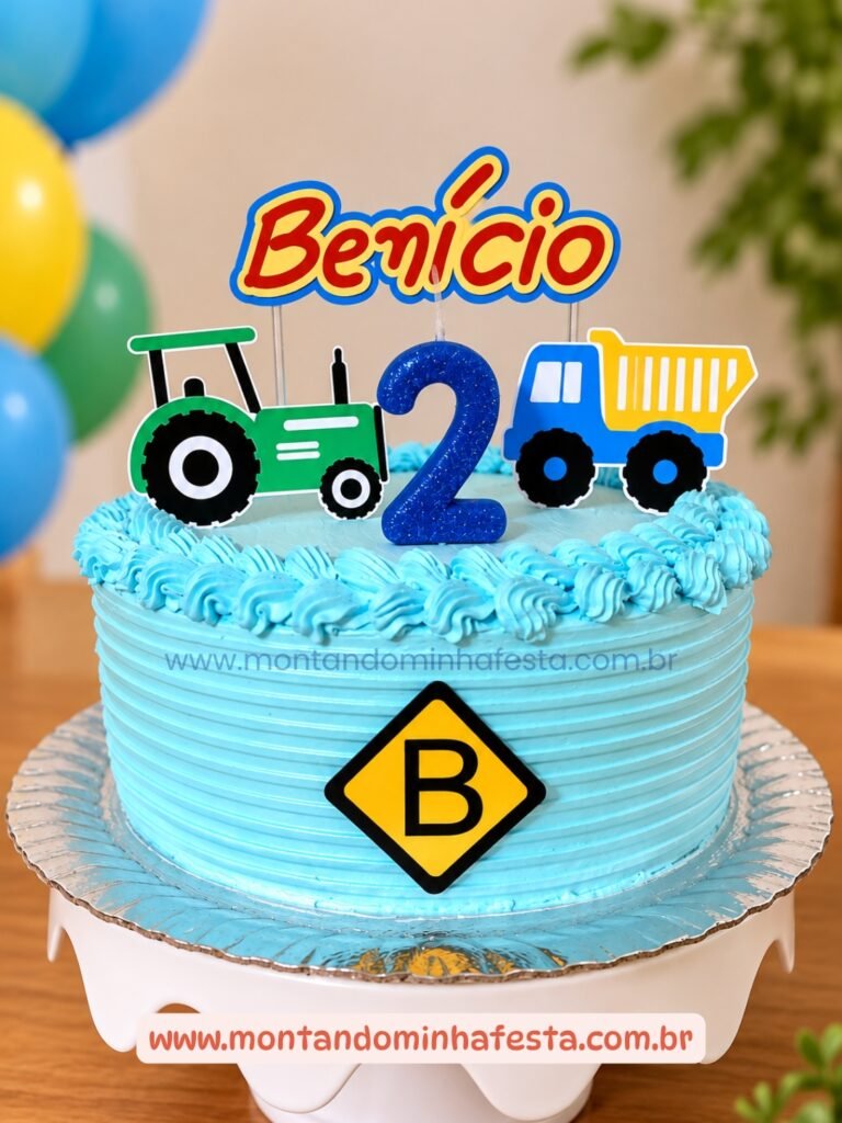 Bolo de aniversário infantil com tema meios de transportes, cobertura azul, topo de bolo com trator verde, caminhão caçamba e número 2, personalizado com o nome Benício.