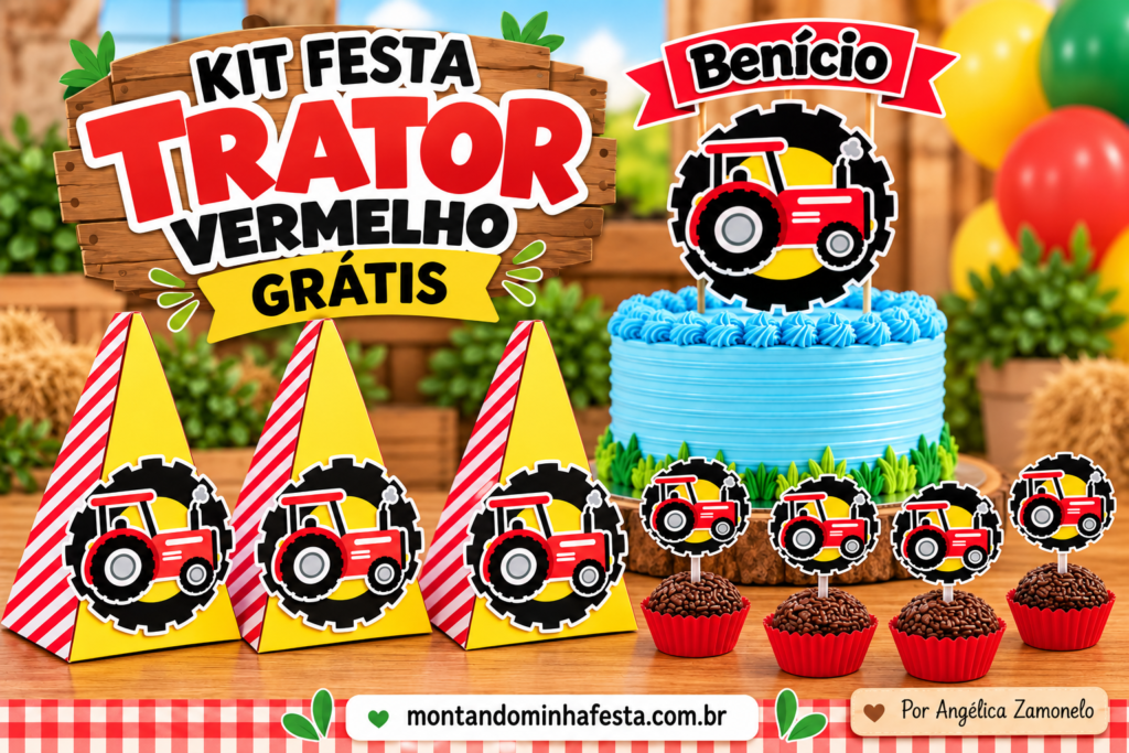 Kit Festa Trator Vermelho grátis para imprimir, com três caixas pirâmide amarelas e vermelhas, topo de bolo personalizado com o nome Benício e toppers de docinhos com trator vermelho.