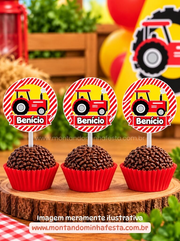Três brigadeiros com toppers de trator vermelho e fundo amarelo, em forminhas vermelhas, para decoração de festa infantil tema Trator.