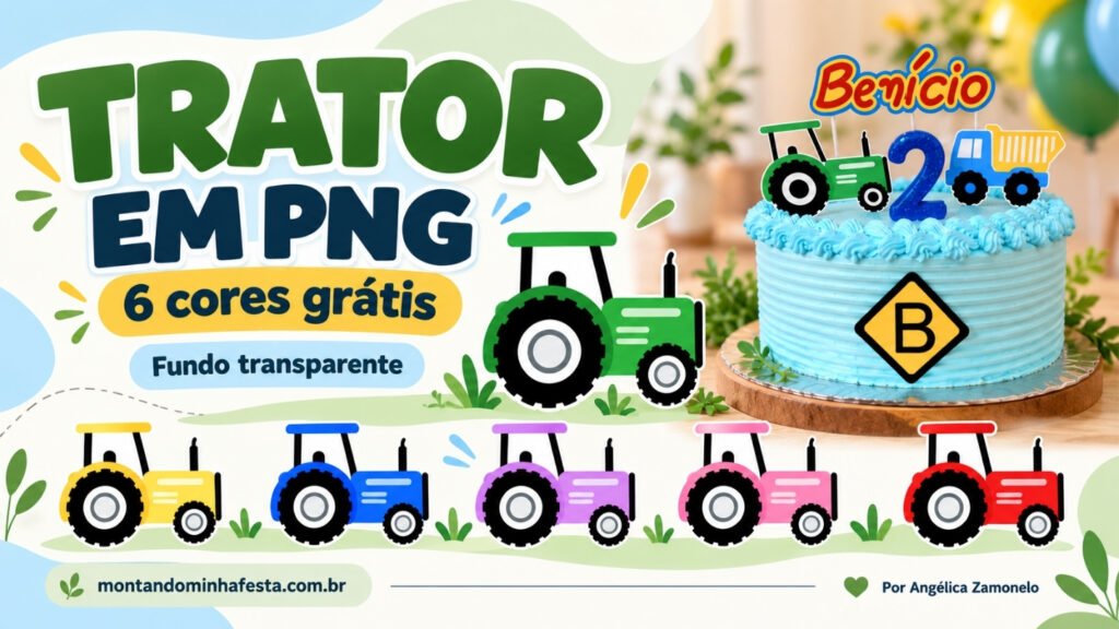 Trator em PNG com fundo transparente em 6 cores grátis para imprimir e personalizar festas infantis, com exemplo de aplicação em bolo de aniversário com tema meios de transportes.