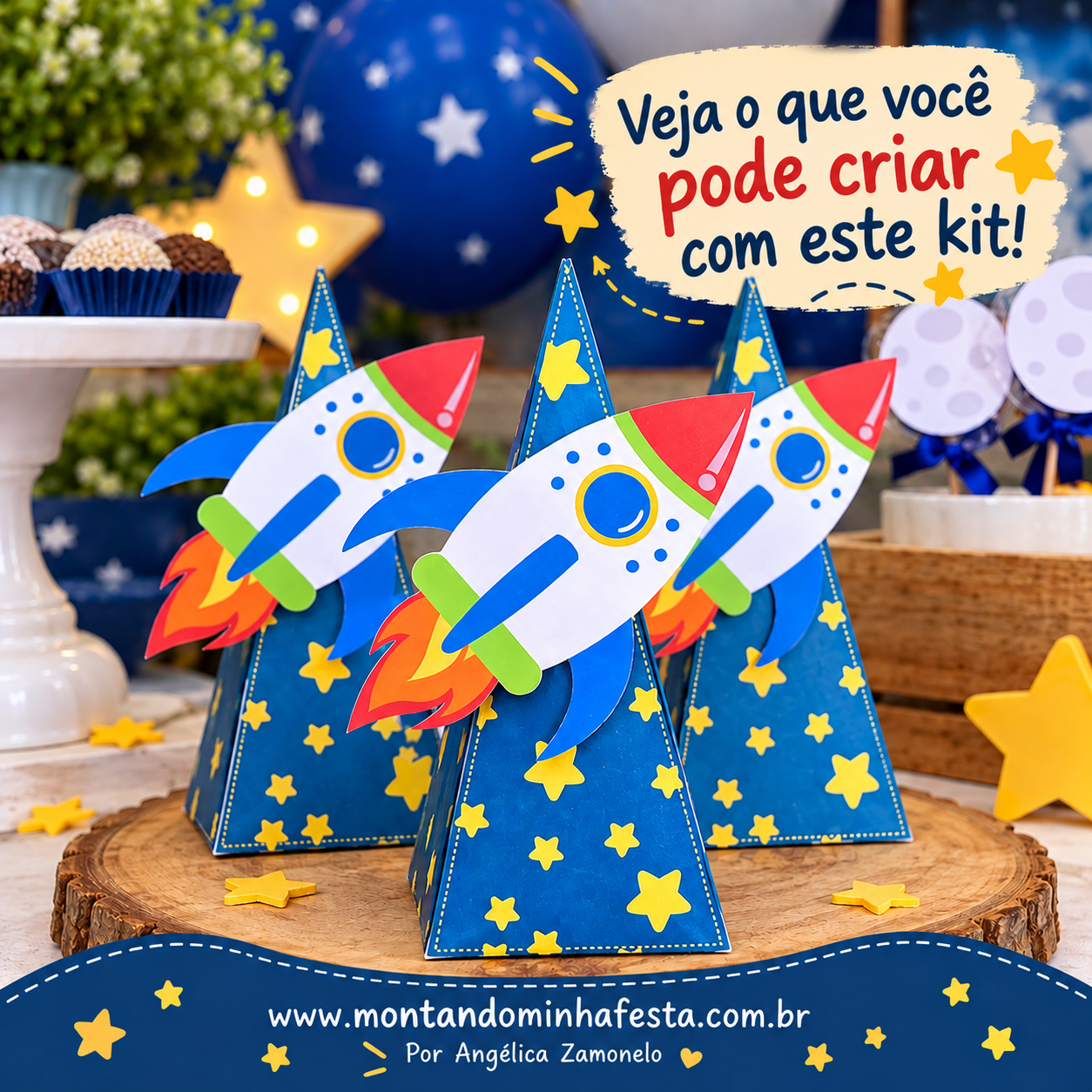 Caixas pirâmide para lembrancinhas de festa astronauta, decoradas com foguetes coloridos e estrelas amarelas, criadas com o kit digital.