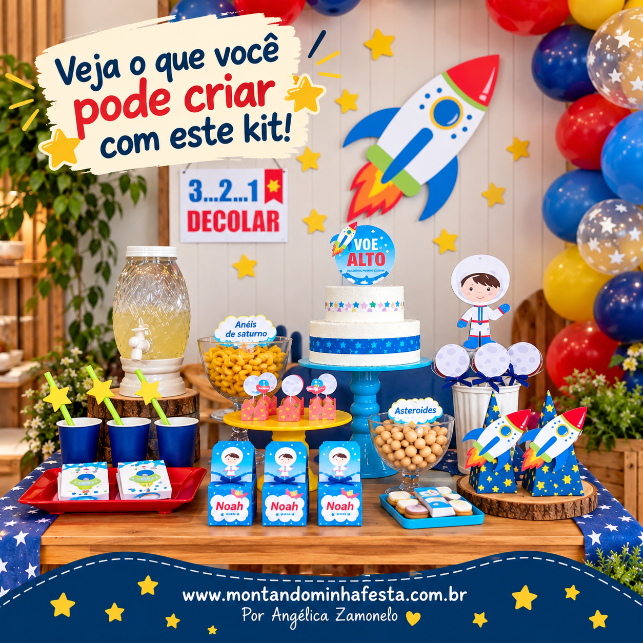 Decoração de festa astronauta com bolo, foguete, lembrancinhas e papelaria personalizada em uma mesa infantil.