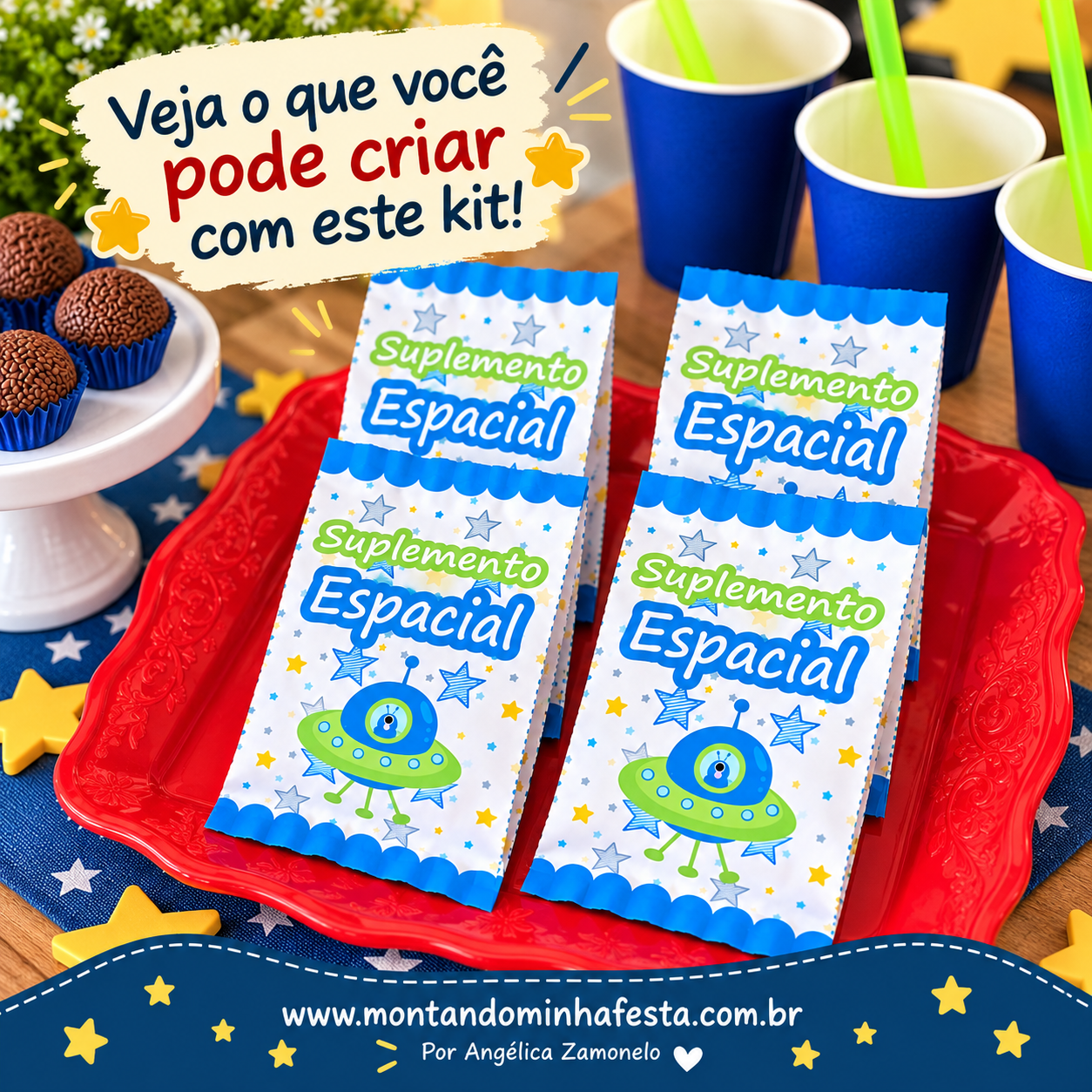 Embalagens personalizadas para guloseimas com tema astronauta, ilustradas com discos voadores, estrelas e elementos espaciais.