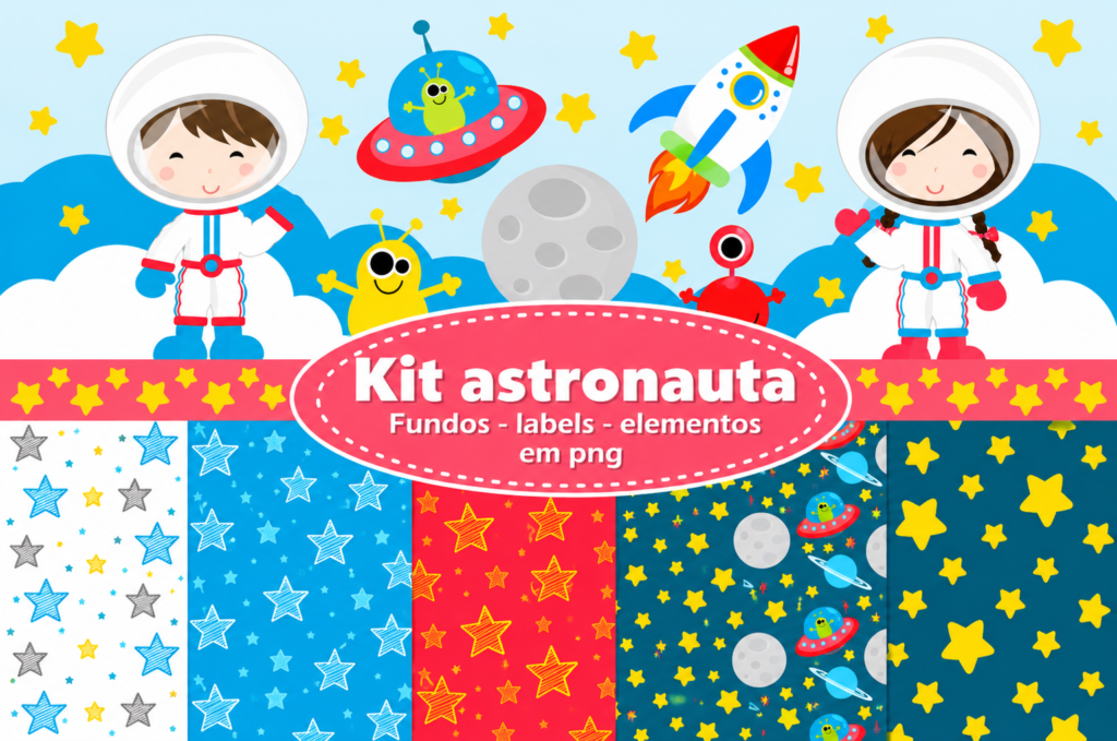Kit digital Astronauta com fundos estampados de estrelas, astronautas infantis, foguete, discos voadores, planetas e elementos espaciais em PNG para personalizar festas infantis.