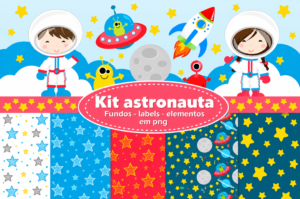 Kit digital Astronauta com fundos estampados de estrelas, astronautas infantis, foguete, discos voadores, planetas e elementos espaciais em PNG para personalizar festas infantis.