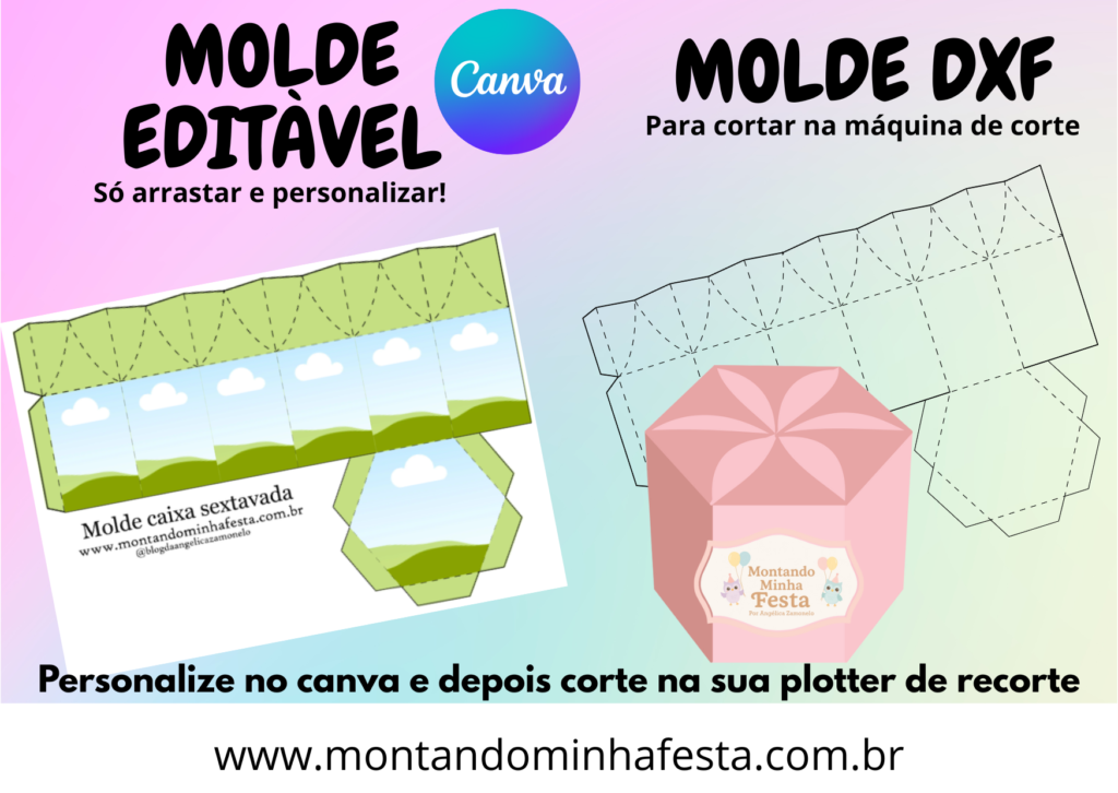 Molde caixa sextavada editavel no canva mais arquivo dxf