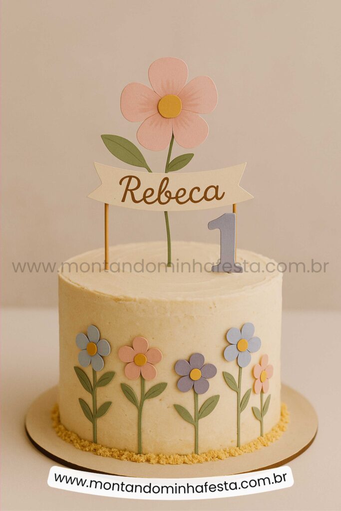 Bolo jardim delicado com topo floral e nome personalizado, flores em papel e número 1 – inspiração simples para aniversário de 1 ano.