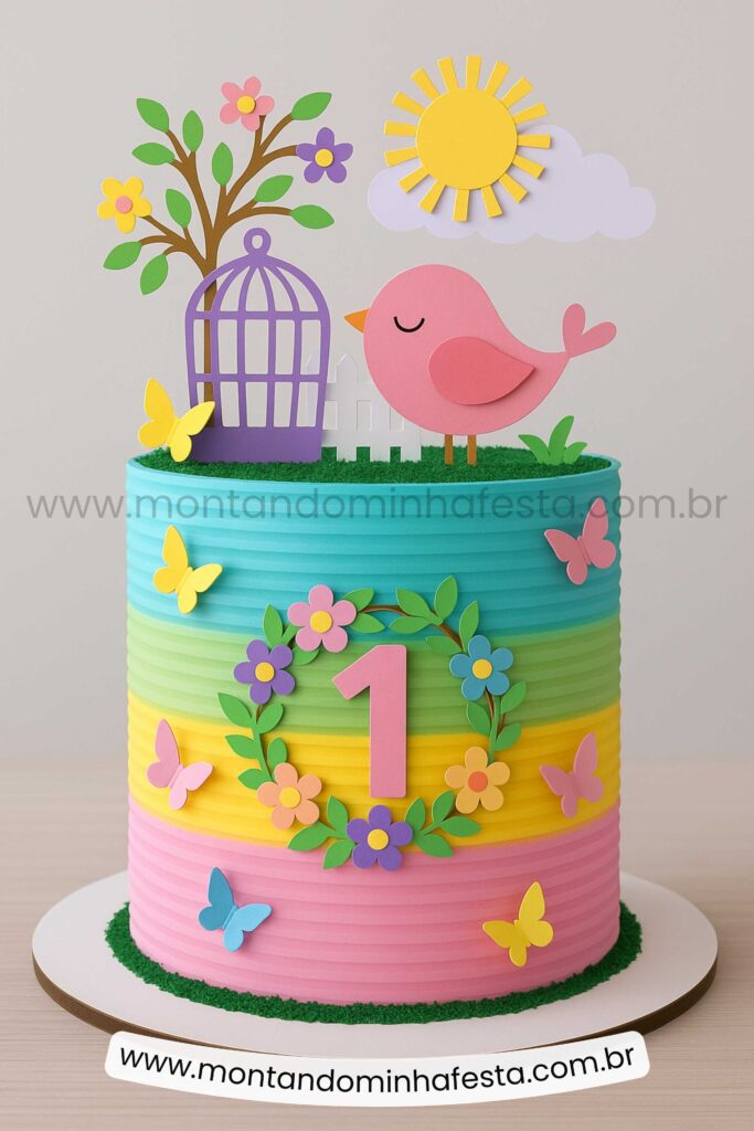 Bolo jardim encantado com topo de passarinho, sol, borboletas e número 1 – decoração colorida e alegre para aniversário infantil de 1 ano.