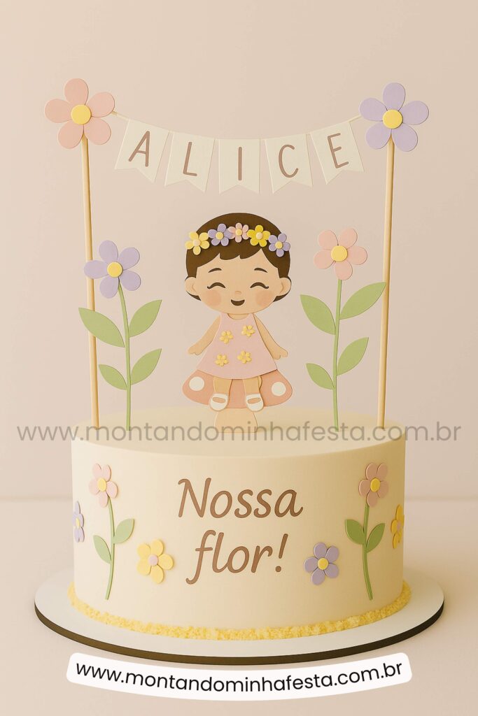 Bolo jardim encantado com topper de menininha, flores em papel e frase “Nossa flor!” – bolo delicado e personalizado para aniversário infantil de 1 ano.