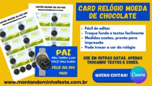 Banner do cartão relógio com moeda de chocolate para o Dia dos Pais, versão editável no Canva. Mostra folhas prontas para impressão, destaque para a frase “Pai, meu tempo com você vale ouro” e recursos de personalização como troca de fundo, textos e cor do relógio.