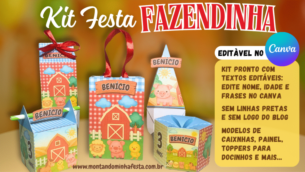 Kit festa Fazendinha com caixinhas personalizadas em papel, decoradas com celeiro, animais da fazenda e nome "Benício", em cores alegres como vermelho, azul e verde, com o texto “Kit Festa Fazendinha” no topo e link do site montandominhafesta.com.br na base.