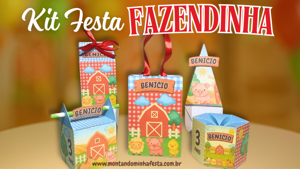 Kit festa Fazendinha com caixinhas personalizadas em papel, decoradas com celeiro, animais da fazenda e nome "Benício", em cores alegres como vermelho, azul e verde, com o texto “Kit Festa Fazendinha” no topo e link do site montandominhafesta.com.br na base.