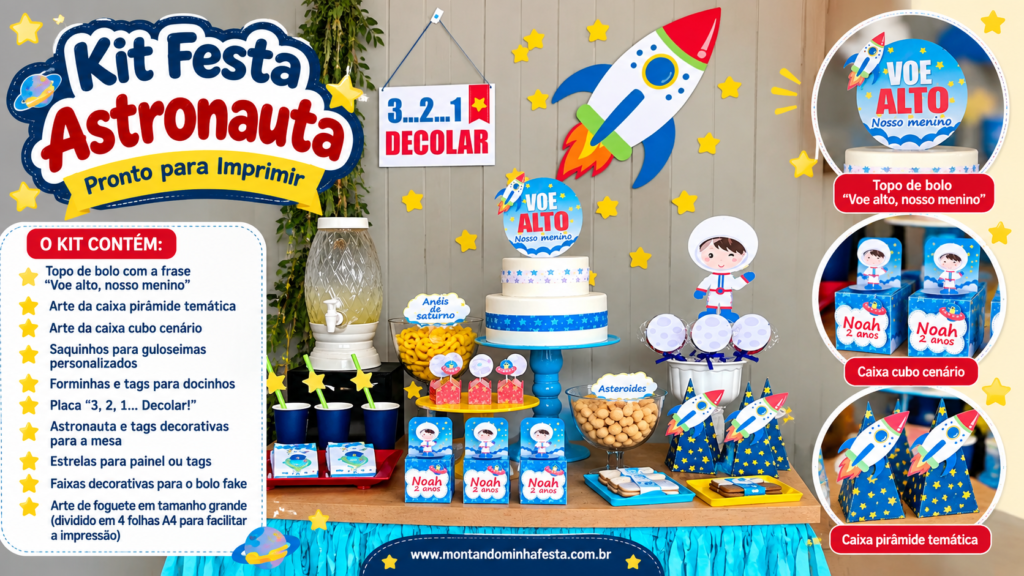Kit Festa Astronauta pronto para imprimir, com decoração de aniversário, topo de bolo, caixas cubo e pirâmide, saquinhos para guloseimas e outros itens personalizados do Montando Minha Festa.
