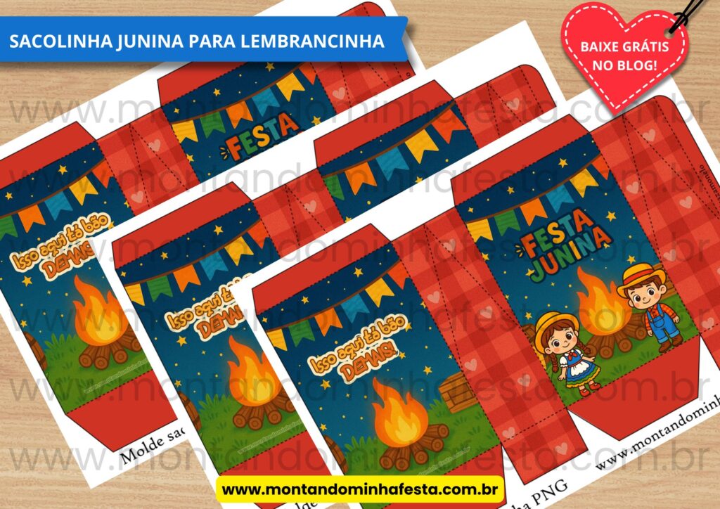 Folha com molde de sacolinha junina com laterais vermelhas e detalhes de corações. Estampa com casal caipira, fogueira e frase “Isso aqui tá bão demais!”. Destaque para moldes recortáveis prontos para impressão.