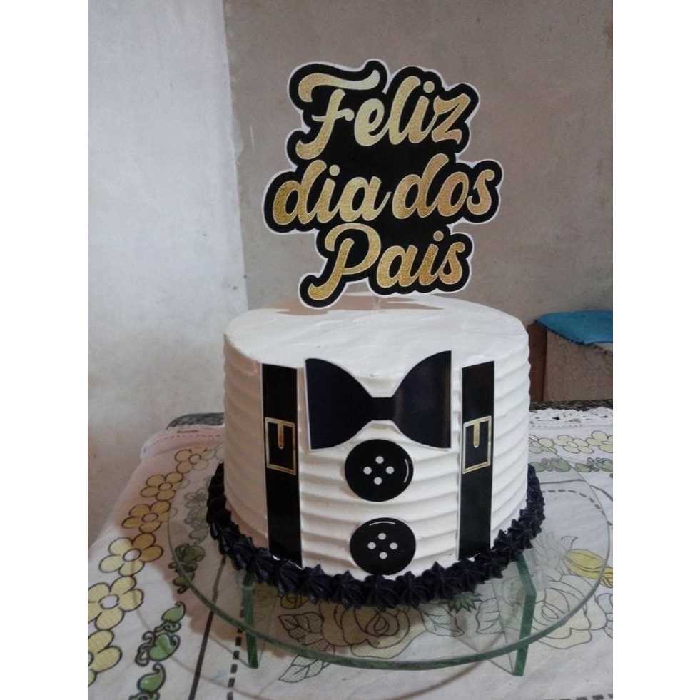 Topo de bolo Feliz dia dos pais com gravata, preto e dourado